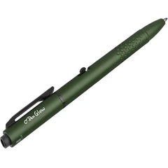 Olive-green tactical pen with clip, textured grip, and built-in multipurpose tools.