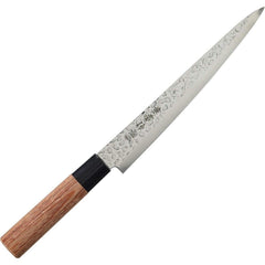 Sujihiki slicer knife with hammered blade and wooden handle for precise, clean carving.