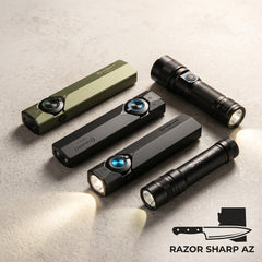 Two compact EDC flashlights, black and blue, emitting bright beams on a dark geometric background.