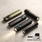 Two compact EDC flashlights, black and blue, emitting bright beams on a dark geometric background.