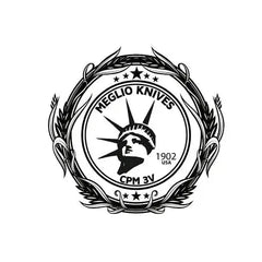 Meglio Knives logo featuring Statue of Liberty head, laurel wreath, CPM 3V, 1902 USA.