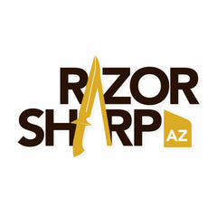 Razor Sharp AZ logo with a golden knife blade forming the A and an AZ tag; custom items from our shop.