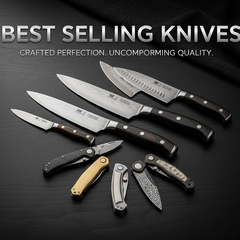 Best Sellers: assortment of kitchen and folding knives displayed on a dark surface.