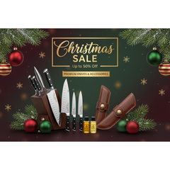 New Years Sale! Premium knives with wooden block, leather sheaths, oils, and festive Christmas decor.