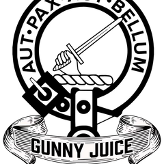 Gunny Juice logo by Gunny Products featuring a sword-wielding hand, rope, circular crest, and ribbon banner.