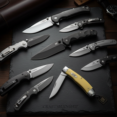 Fixed & Folder Knives folding knife with gray handle resting on a log.