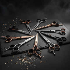 Professional barber holds two balanced grooming shears for precision and comfort.