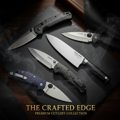 Folding knife with gray handle and dark blade resting on a rough log outdoors.