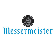 Messermeister logo: blue Gothic brand name and circular emblem with a figure holding a knife.