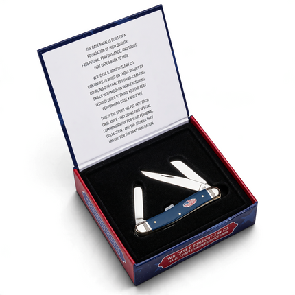 Razor Sharp AZ Case XX Stockman knife with navy blue handle and Stars and Stripes shield in a patriotic display box.