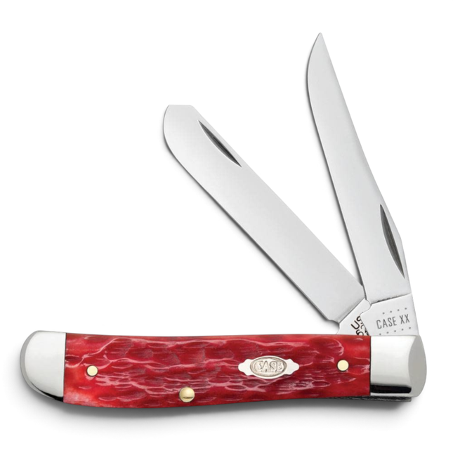 Razor Sharp AZ Case Peach Seed jigged dark red bone mini trapper knife with two polished carbon steel blades