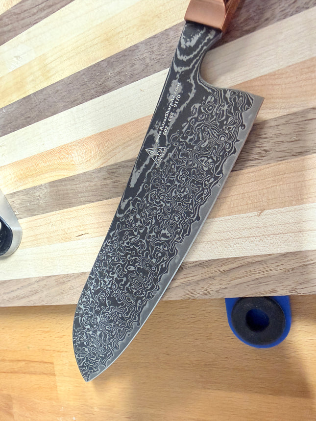 Damascus Steel 7.5” Santoku with shredded Carbon Fiber by Razor Sharp AZ