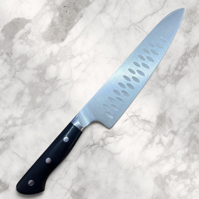 Razor Sharp AZ Dragon Ice 9-inch chef's knife with a hollow-ground BD1N steel blade and black G10 handle.