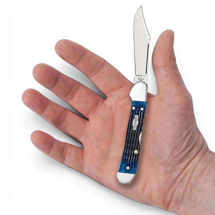 Razor Sharp AZ Case Mini CopperLock knife with blue jigged bone handle and stainless steel clip blade held in hand