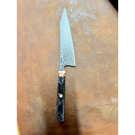 Honesuki 5.5-inch boning knife with Damascus blade, shredded carbon-infused handle, brass bolster.