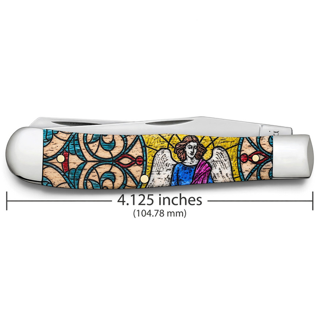 Razor Sharp AZ Case Stained Glass Angel Trapper knife with natural bone handle and polished stainless steel blades.
