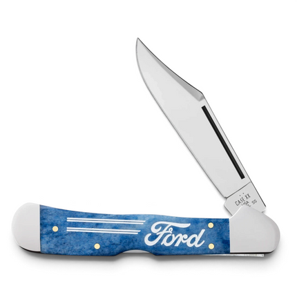 Case Ford CopperLock pocket knife with the mirror-polished clip blade open and an etched Ford script logo on the smooth navy blue bone handle