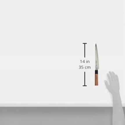 Razor Sharp AZ Kanetsune Sujihiki slicing knife with hammered steel blade and wood handle shown next to a hand for scale
