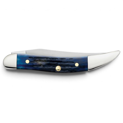 Razor Sharp AZ Case Small Texas Toothpick knife with a blue bone handle featuring Rogers corn cob jigging.
