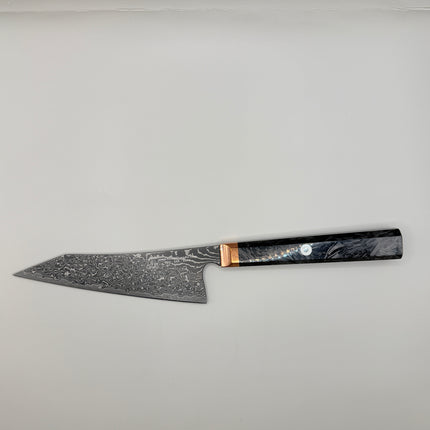 Bunka Kitchen Knife 5.5” with Shredded Carbon infused handle and brass bolster by Razor Sharp AZ