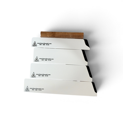 Razor Sharp AZ four-piece set of white ABS kitchen knife edge guards with velvet lining for safe blade storage