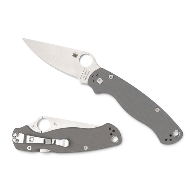 Razor Sharp AZ Spyderco Para Military 2 folding knife with dark gray G-10 handle and Maxamet steel blade.
