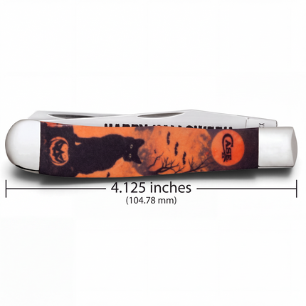 Razor Sharp AZ Case Halloween Trapper knife with black cat and jack-o-lantern graphic on a white synthetic handle