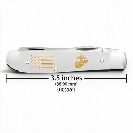 Razor Sharp AZ Case USMC Mini Trapper pocket knife with smooth white synthetic handle and gold emblem