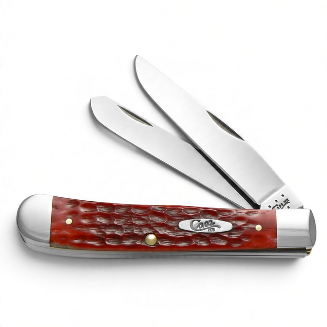 Razor Sharp AZ Case XX Trapper pocket knife with jigged dark red bone handle and polished nickel silver bolsters