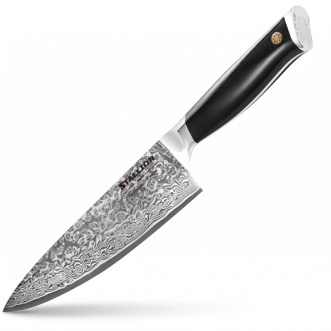 Razor Sharp AZ Vosteed Stallion 8-inch chef's knife with a Damascus steel blade and ergonomic black G10 handle.