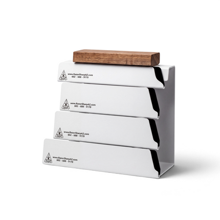 Razor Sharp AZ 4-piece white kitchen knife edge guard set with velvet-lined interior and rigid ABS exterior
