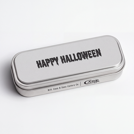 Razor Sharp AZ Case Halloween themed metal gift tin with Happy Halloween text in a spooky font on a white background