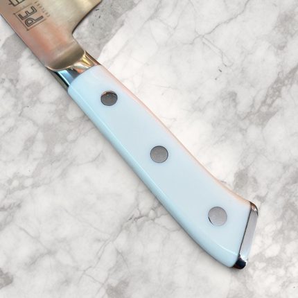 Razor Sharp AZ Perfect Edge Shiro Hane 8.5-inch Gyuto knife featuring a white Corian handle with three rivets.