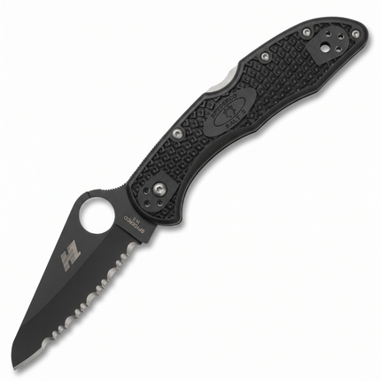 Razor Sharp AZ Spyderco Salt 2 folding knife with a black serrated H-1 steel blade and textured black FRN handle.