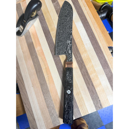 Damascus Steel 7.5” Santoku with shredded Carbon Fiber by Razor Sharp AZ