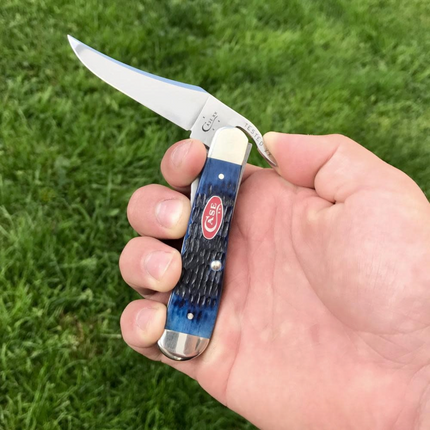 Razor Sharp AZ Case RussLock knife with navy blue jigged bone handle and mirror-polished stainless steel clip blade