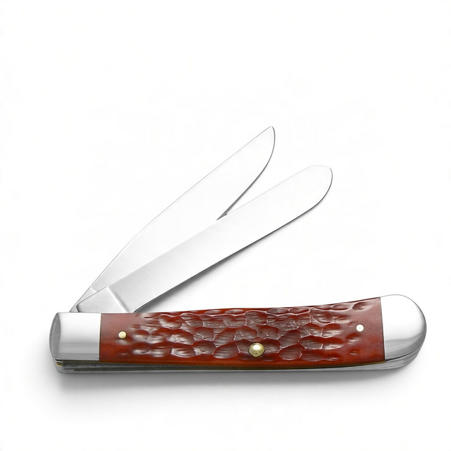 Razor Sharp AZ Case XX Trapper pocket knife with jigged dark red bone handle and polished nickel silver bolsters