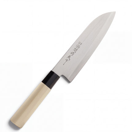 Razor Sharp AZ Tsubazo Santoku knife with a 6.75-inch stainless steel blade and a smooth light maple wood handle.