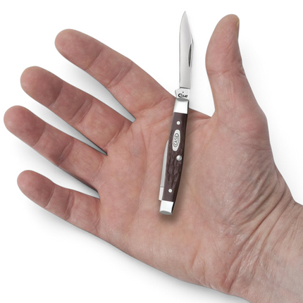 Razor Sharp AZ Case small pen knife with jigged brown synthetic handle and stainless steel blades held in a hand