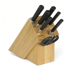 Razor Sharp AZ KAI Wasabi 8-piece knife block set with black handles and wooden storage block on white background