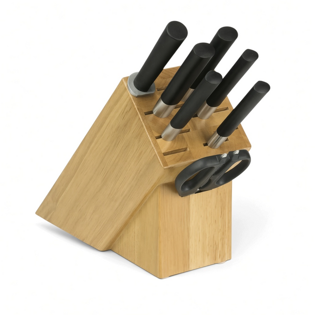 Razor Sharp AZ KAI Wasabi 8-piece knife block set with black handles and wooden storage block on white background