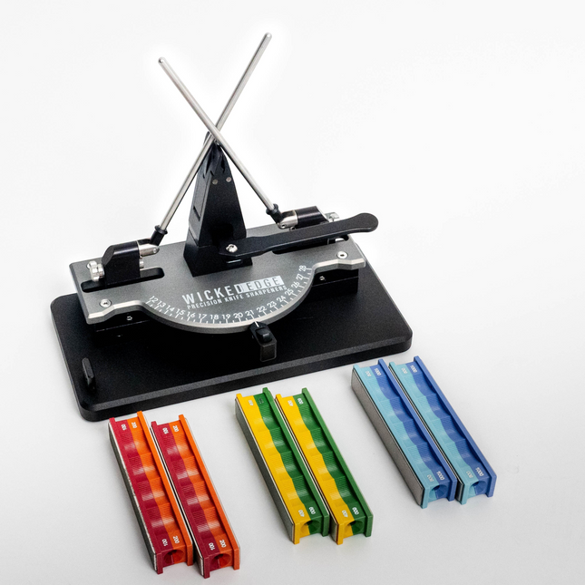Razor Sharp AZ Generation 4 Pro knife sharpener with anodized aluminum base, guide rods, and assorted diamond stone packs.
