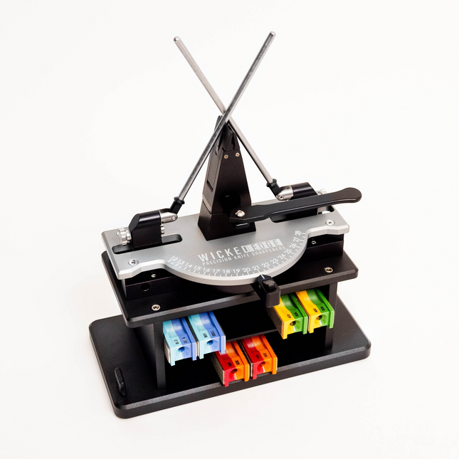 Razor Sharp AZ Generation 4 Pro precision knife sharpener with dual-sided guide rods, anodized aluminum base, and stones.