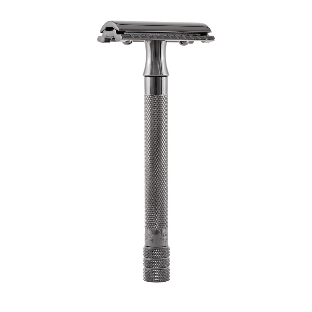 MERKUR 22C Double Edge Safety Razor - Matte Chrome | Long Knurled Brass Handle | Made in Germany | Plastic-Free | Three Piece Design | Closed Comb | Straight Bar