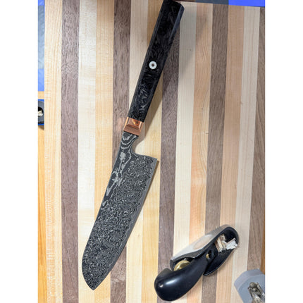 Damascus Steel 7.5” Santoku with shredded Carbon Fiber by Razor Sharp AZ