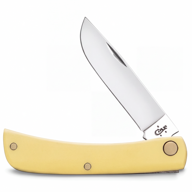 Razor Sharp AZ Case Yellow Synthetic Sod Buster Jr folding knife with a stainless steel blade and yellow handle.