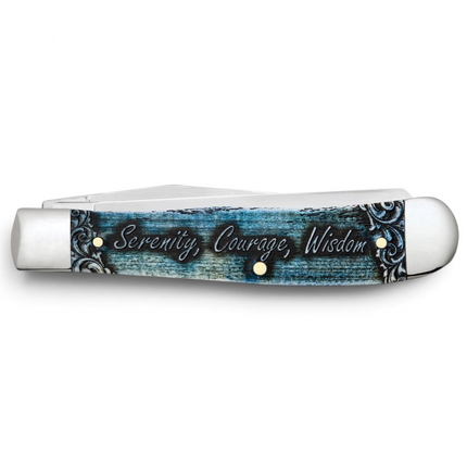 Razor Sharp AZ Case Trapper knife with a blue natural bone handle featuring the Serenity Prayer and polished steel