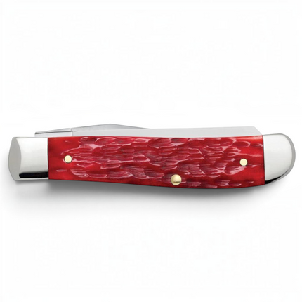 Razor Sharp AZ Case Peach Seed jigged dark red bone handle mini trapper pocket knife with polished steel bolsters