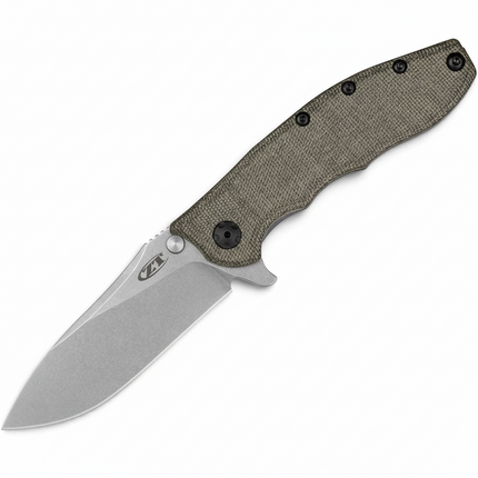 Razor Sharp AZ Zero Tolerance 0562MIC pocket knife with a green canvas Micarta handle and stonewashed MagnaCut blade.