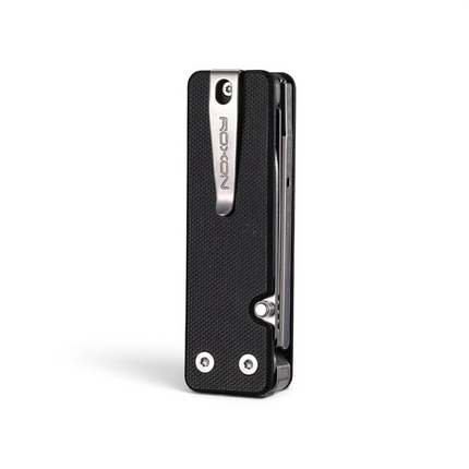 Razor Sharp AZ ROXON KS2 Elite multi-tool in black with a textured G10 handle and integrated belt clip